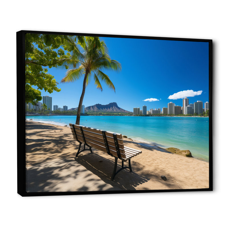 Paysage de plage hawaïenne, H 30 po x l 40 po x P 1,5 po, Cadre flottant noir