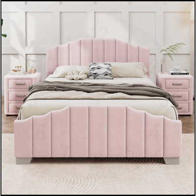 3 Pieces Bedroom Set   Velvet Upholstered Platform Bed with Vertical Channel Tufted Headboard and Two Three-Drawer Nightstands, Pink