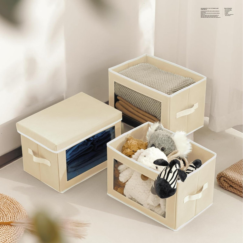 Ensemble de 3 bacs de rangement beiges avec couvercles et fenêtre