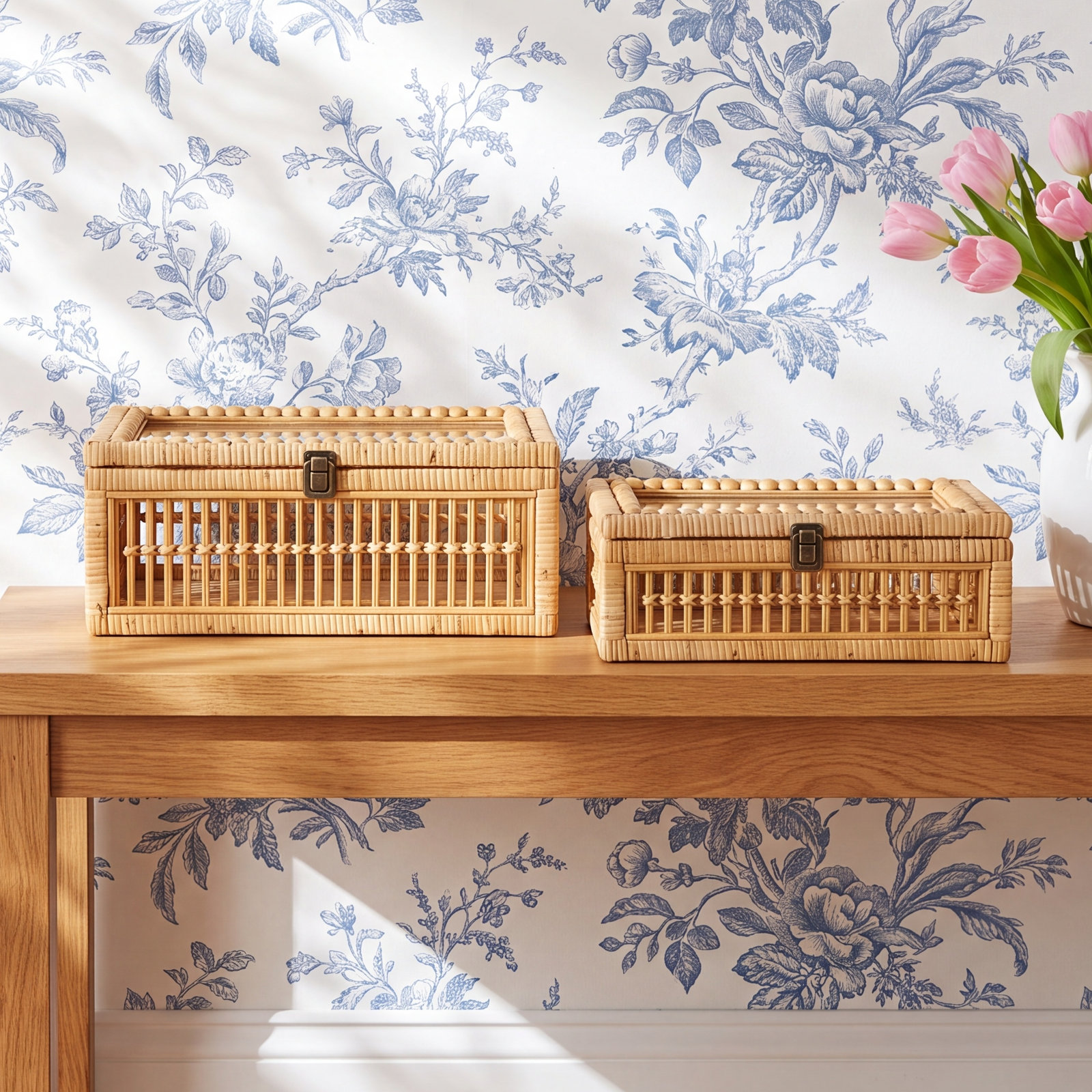 Cole And Grey Rattan Handmade Woven Storage Decorative Box With Glass Top And Bronze Latches