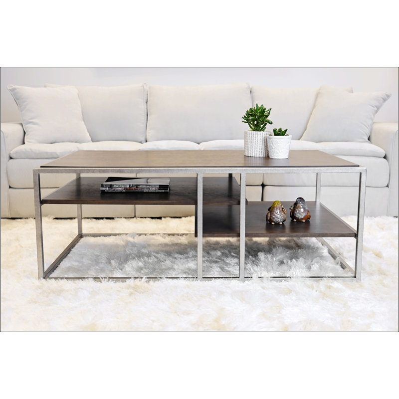 Stylish Metal Frame Wood Coffee Table With Shelves, Perfect For Modern And Contemporary Living Rooms.