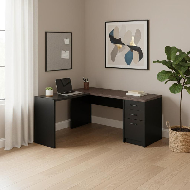 Bureau d'ordinateur d'angle en forme de L en stratifié Lile, pour le travail, un bureau personnel ou un ordinateur portable