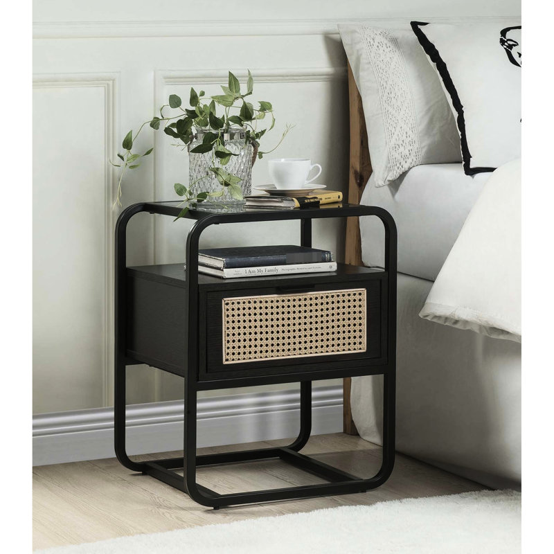 Table d'appoint avec cadre en métal noir avec verre trempé et console pratique