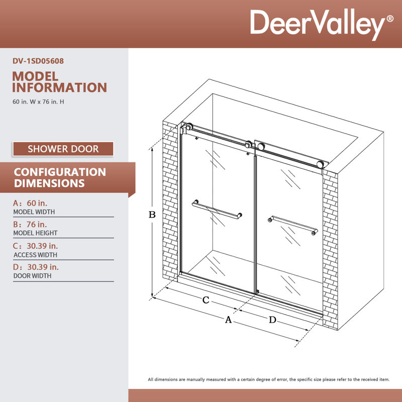 DeerValley 56"–60" W x 76" H Double Sliding Frameless Shower Door | 3/8" (10mm) Clear Tempered Glass | Stainless Steel Hardware | Reversible
