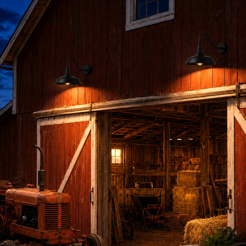 10-Inch Outdoor Barn Gooseneck Light, Black Metal Farmhouse Hardwired Wall-Mount Fixture, Weather-Resistant Design, 2 Lights