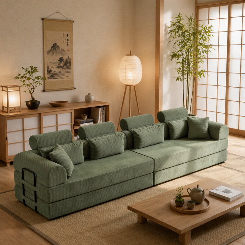Canapé d'angle pliable en L en velours côtelé, style minimaliste moderne, convertible et peu encombrant., Vert clair