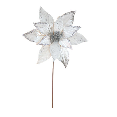 Metallic Silver Poinsettia Pick