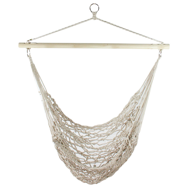 Ivory Cotton Macrame Hanging Hammock Chair with Wooden Bar