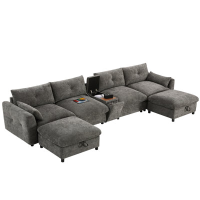 136'' Modular Sectional With Console, Cup Holder, Wired And Wireless , Two Movable Storage Ottomans, 30'' Seat, Pull - Point Design, Chenille For Home Functional Residential