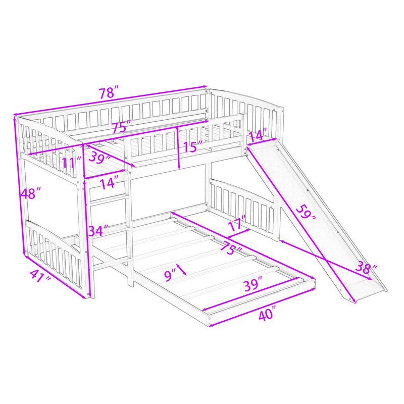 Evelene Twin Over Twin L-Shaped Bunk Beds with Slide, Gray