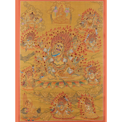 Hand-Painted Six-Armed Mahakala Protection Thangka – 27.2"H × 19.3"W Wall Art with Genuine 24K-Gold Leaf for Bold Meditation Spaces & Modern Eclectic Décor