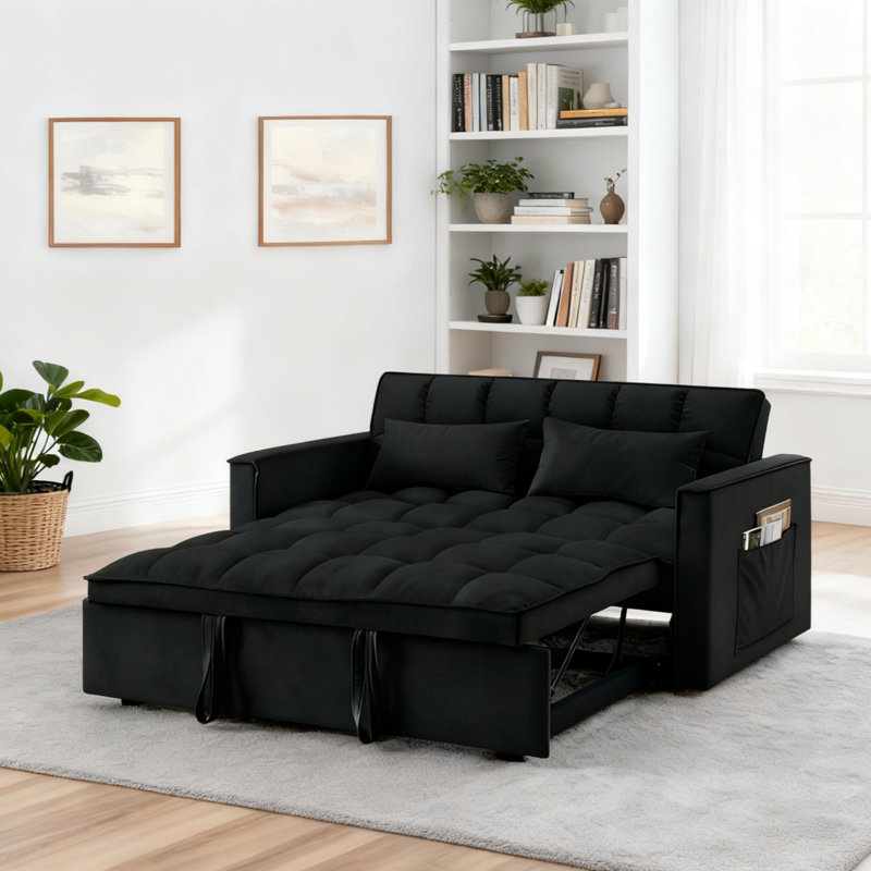 Canapé-lit moderne en velours 54,33 po, canapé-lit pliant réglable à 3 positions avec dossier capitonné, lit escamotable et 2 coussins, causeuse compacte pour le salon, noir