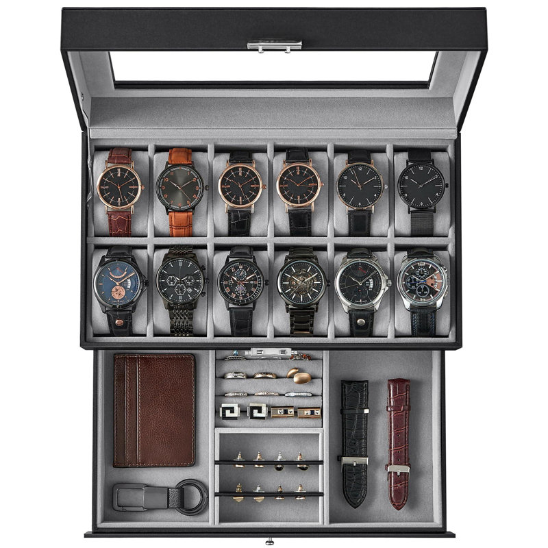 Boîte à montre à 12 emplacements, boîtier de montre verrouillable avec couvercle en verre, 2 couches, avec 1 tiroir pour anneaux, bracelets, cadeau de Noël, cuir synthétique noir, doublure grise