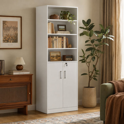 78.7" H White Tall Storage Cabinet – 4 Open Shelves + 2 Lockable Doors, Anti-Tip Kit Included