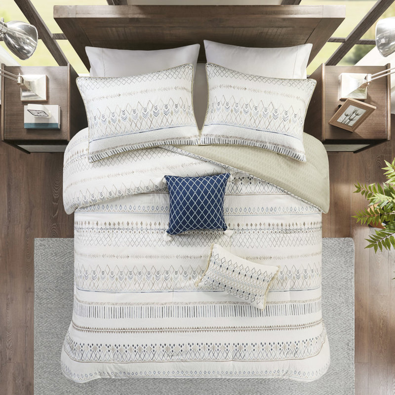 Style très grand / très grand literie - imprimé taupe et bleu pâle en seersucker, édredon 5 pièces et bourre géométrique