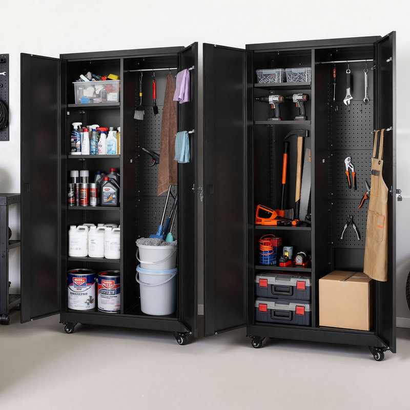 Metal Storage Cabinet, 179.5 cm Rolling Steel Garage Cabinet with Adjustable Shelves, 2 Magnetic Doors, Hanging Rod & 3 Rod Hooks, 5 Tiers Lockable Tool Storage for Pantry, Warehouse, Basement
