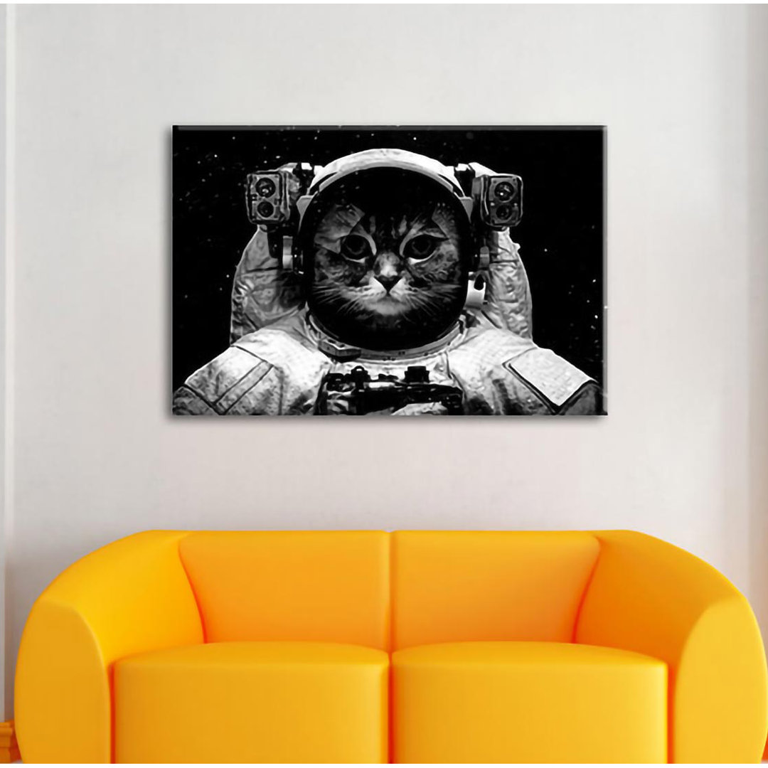 Astronaut Katze im Weltraum, monochrom als Leinwandbild