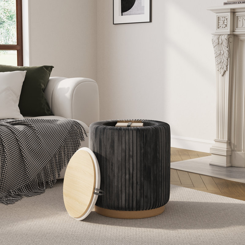 Repose-pieds rond avec repose-pieds en velours plissé avec rangement caché pour le salon et la chambre à coucher, Gris
