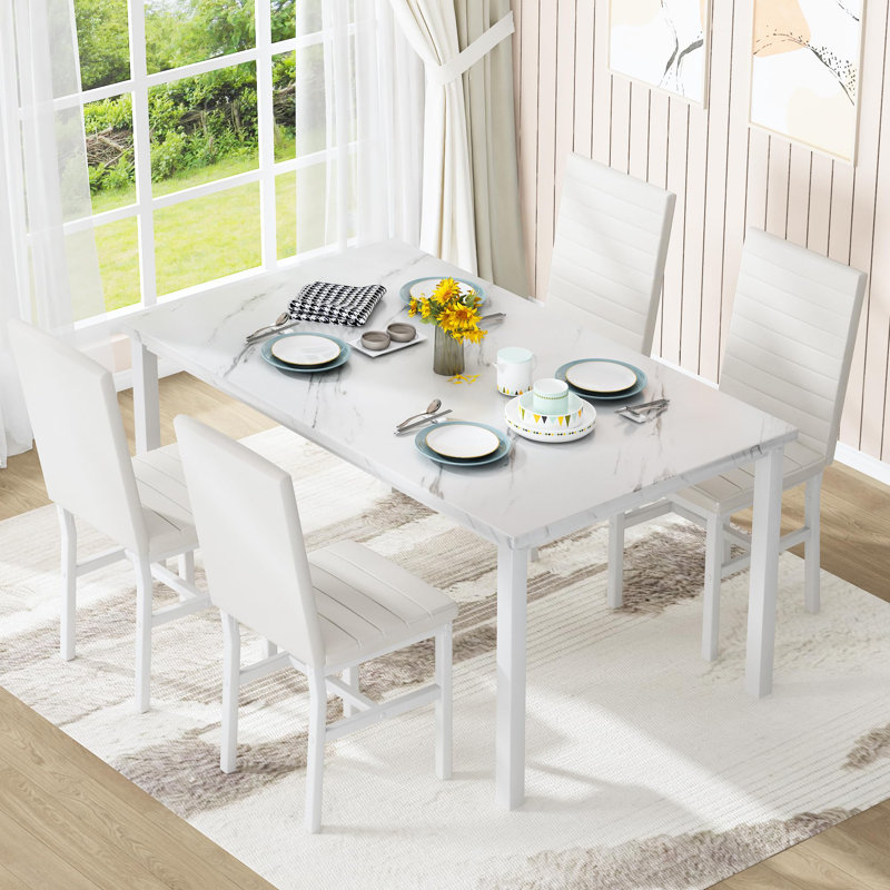 Modern White Faux Marble Dining Set for 4