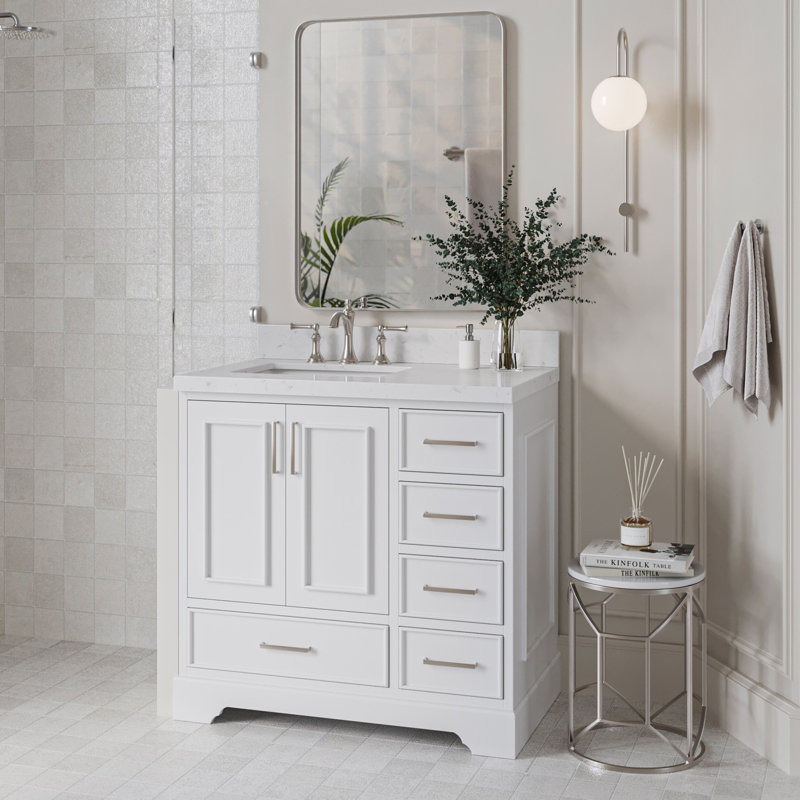 36.25'' Single Bathroom Vanity with Carrara Quartz Top, White
