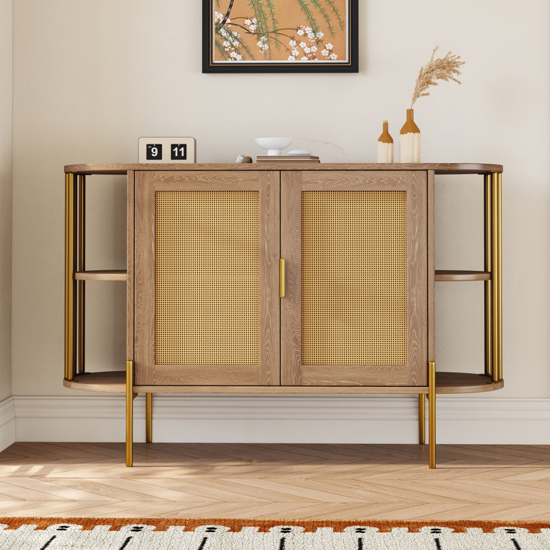 Armoire de salle à manger courbée élégante à 2 portes pour la salle à manger, Naturel / Or