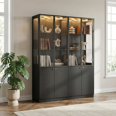 78.7" Tall Black Display Cabinet – Glass Doors & Color-Changing LED Lighting
