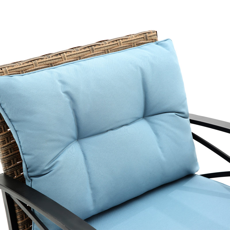 2 chaises berçantes et table d'extérieur - Surface bleue, 3 pièces de qualité de fabrication grise, en métal et, assise relaxante, facile à déplacer, comprend des coussins de dossier