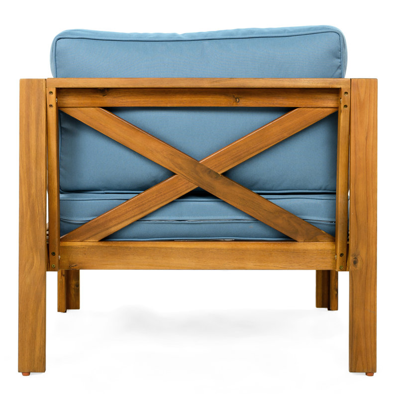 Fauteuil club d'extérieur en bois avec coussins bleus, fini, résistant aux intempéries, pour 2 espaces de conversation élégants et imperméables pour la conversation