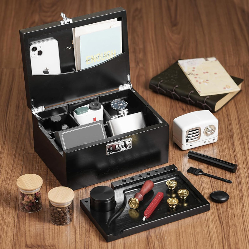 Dakota Fields Stash Box With Rolling Tray, Smell Proof Large Bamboo Storage Box With Lock, Decorative Box Set Includes Glass Jars & Grinder