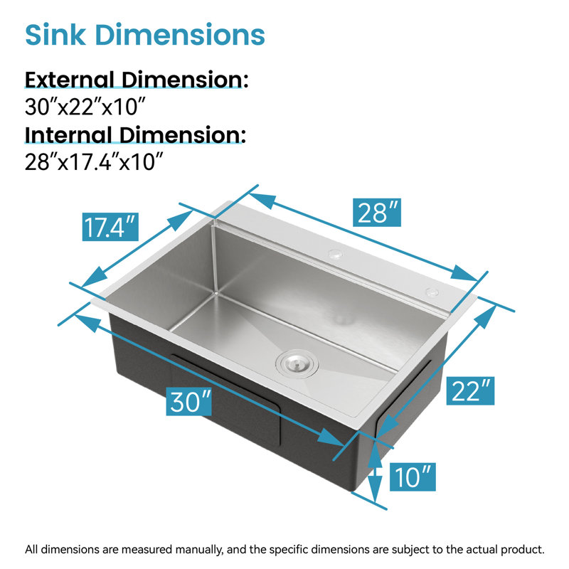 Évier de cuisine en acier inoxydable 30 po x 22 po, sur comptoir à simple cuve, finition brossée attrayante, avec planche à découper, passoire et évier de cuisine Space Design 30 po x 22 po, surface captivante