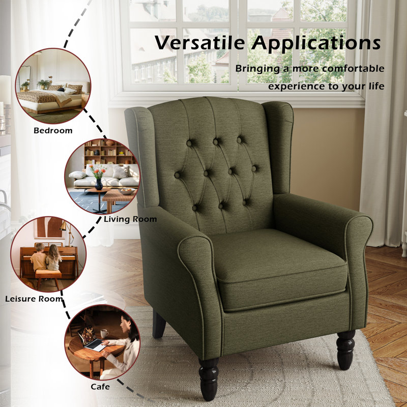 Duward 74Cm Wide Tufted Wingback Armchair with Solid Wood Legs, Green Polyester Blend