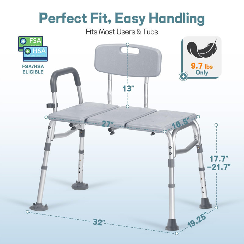 Tub Transfer Bench For Bathtub, Height Adjustable Shower Bench With Backrest, Shower Chair Bath Seat For Elderly, Seniors, Arm Support For Transfer-Gray