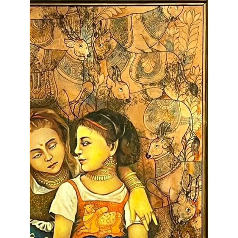 The Sister's - Le lien de l'amour | Acrylique sur toile | Par Nikunja Bihari Das | Avec cadre