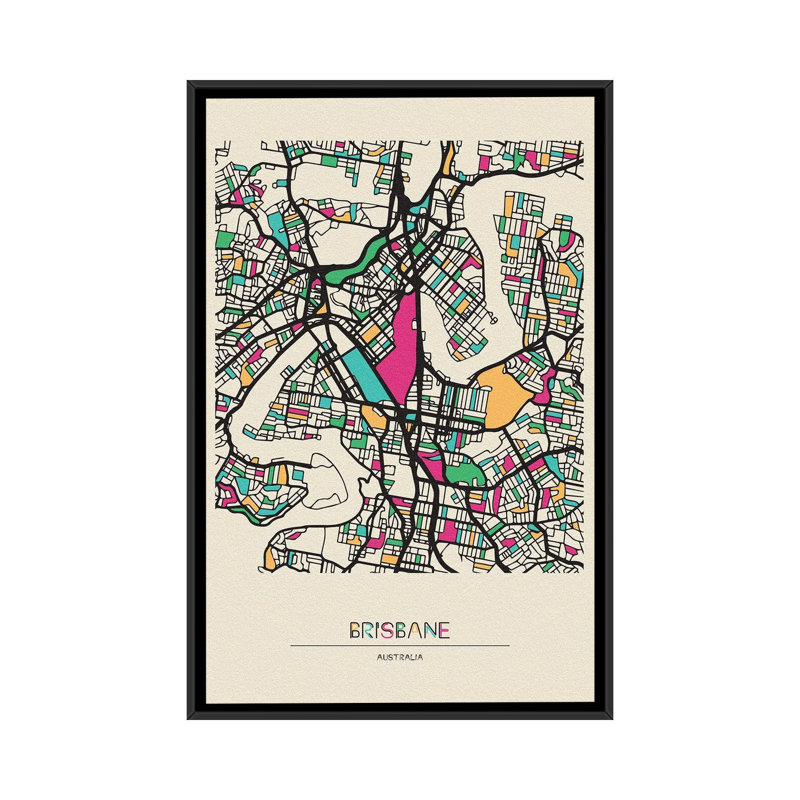 Brisbane, Australia Map by Ayse Deniz Akerman - Print on Canvas, 101.6 cm H x 66.04 cm W, Black Floater Frame