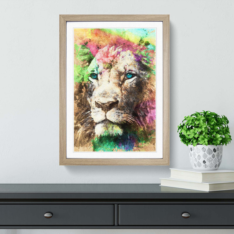 Blue Eyed Lion in Abstract - Picture Frame Painting Print, 65cm H x 48cm W x 2cm D, Oak Framed