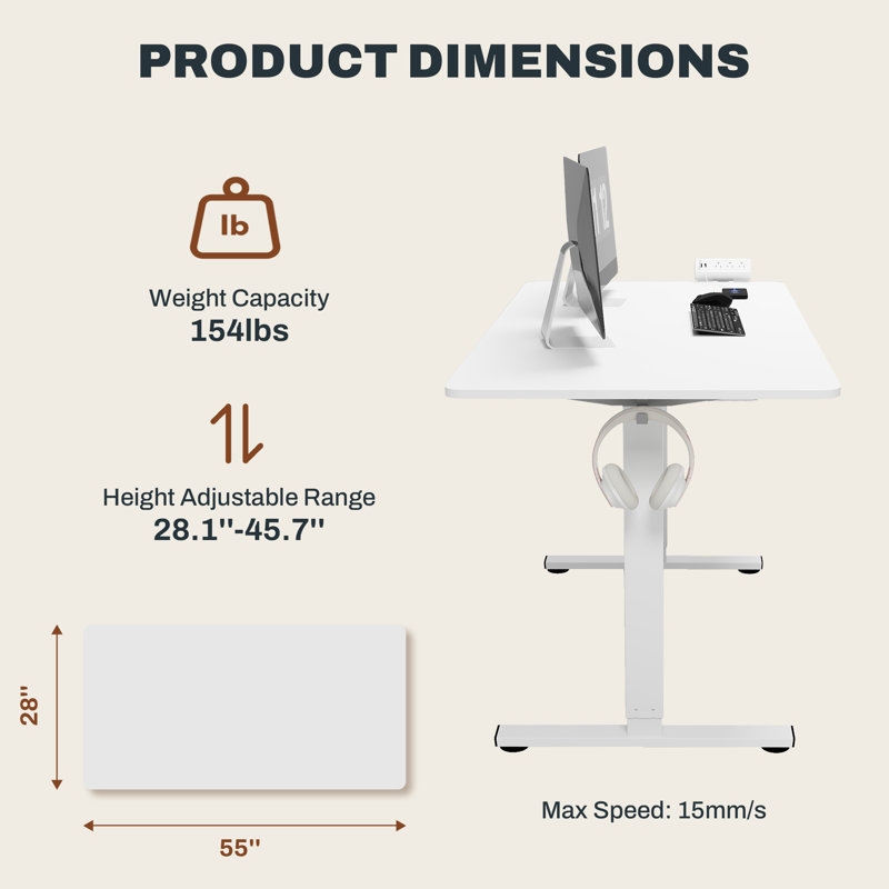 Bureau debout ajustable, bureau entier, Blanc, L 55 po x P 28 po