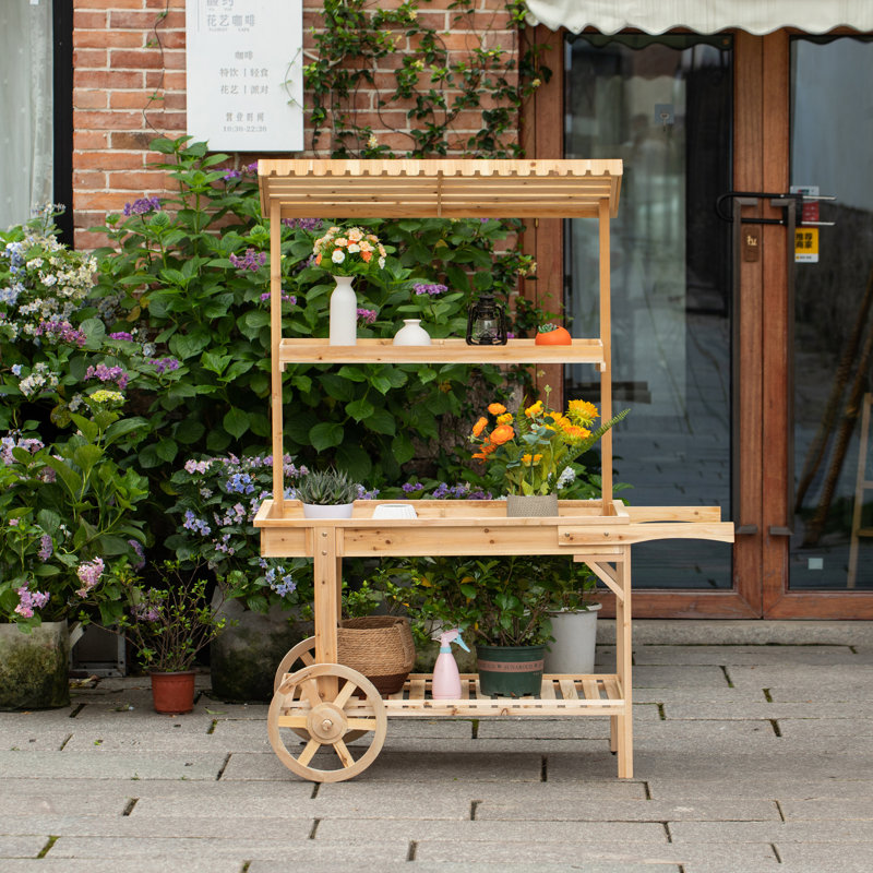 Présentoir à plante antique en bois massif avec présentoirs décoratifs en bois | Chariot à 2 roues en bois avec tablettes pour plantes et plus