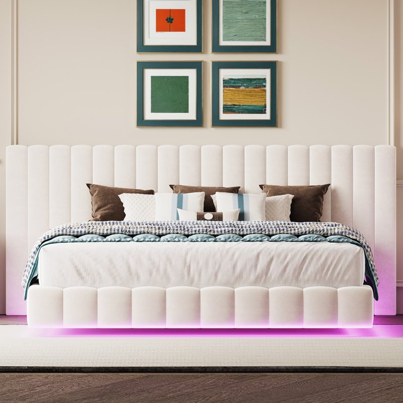 Floating Upholstered Bed Frame with Oversized Headboard and RGB LED Lighting, Cream, King