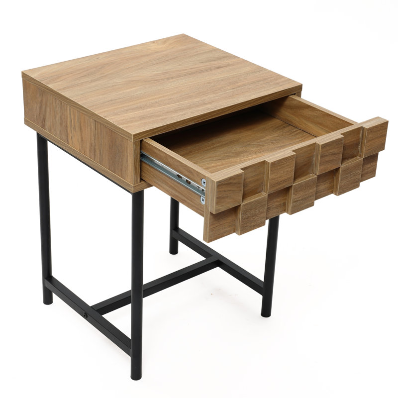 Table d'appoint rustique moderne de 55 cm de hauteur avec façade de tiroir géométrique et structure en métal noir