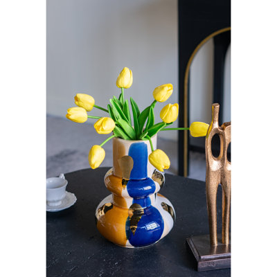 Bulbous Ceramic Vase with Abstract Multicolored Finish