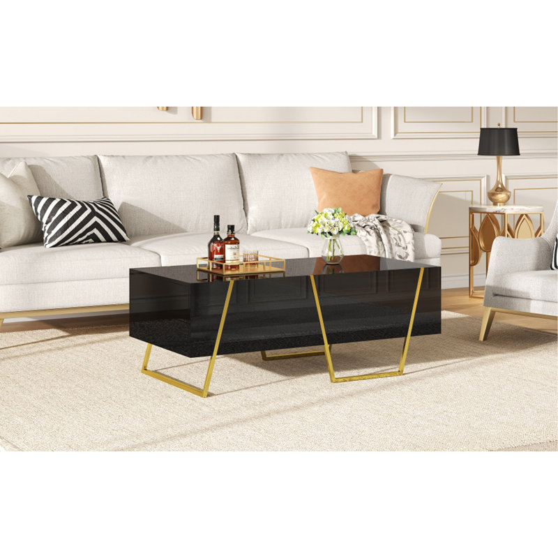 Table basse moderne et ultrabrillante rectangulaire pour le salon avec rangement et base dorée, 4 tiroirs, noir, 47,2 po