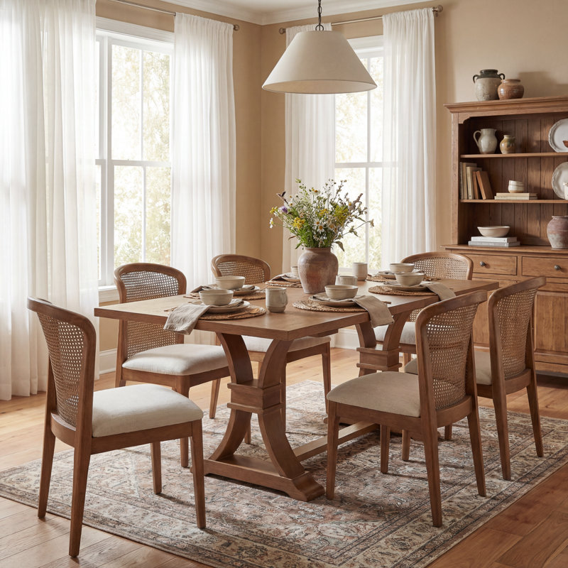Danville 7-Piece Mid Century Modern Rubberwood Dining Table Set With Upholstered Seats, Walnut