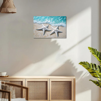 Starfish Coastal Wall Art, Blue Beach Wall Art for Beachy Wall Decor, Ocean Painting Canvas Print Wrapped Framed Ready to Hang 12×16 inches