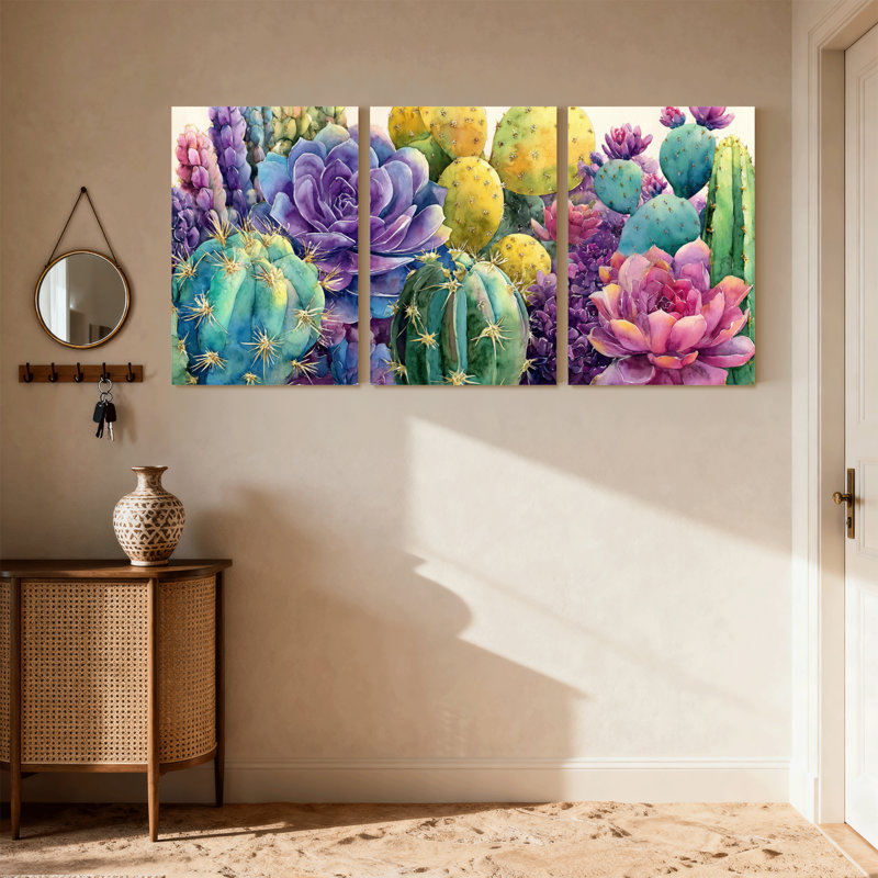 Plantes et fleurs, cactus colorés et plantes grasses, ensemble de 3 impressions sur toile, H 36 po x l 72 po