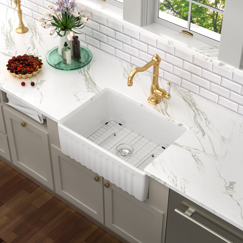Évier de cuisine à simple cuve en céramique 24 po x l 18 po avec grille d'évier et crépine