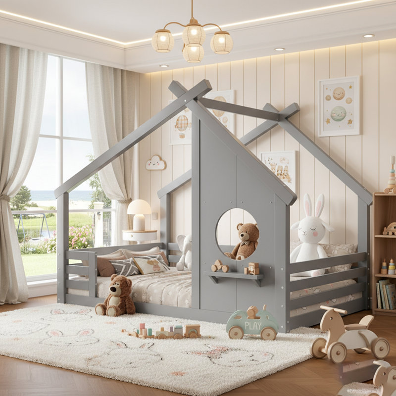 House Floor Bed With Window And Small Shelf, Solid Wood, No Box Spring Needed, Lit double, Gris