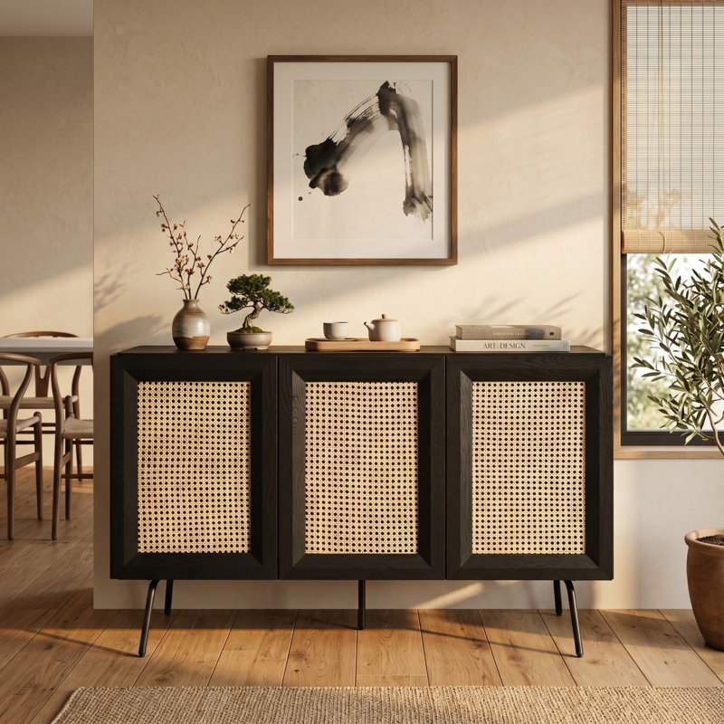 NTC MOSSIC Sideboard 3 Doors Natural Rattan Storage Cabinet, Buffet with Metal Legs, Boho Accent Cabinet for Living Room, Dining Room, and Entryway, Effortless Assembly