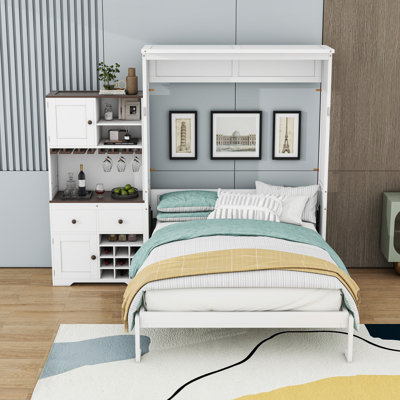 Queen Size Murphy Bed with Integrated Wine Rack and Smart Lighting