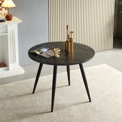 Darcell 100 cm Round Marble-Effect Dining Table with Black Metal Legs