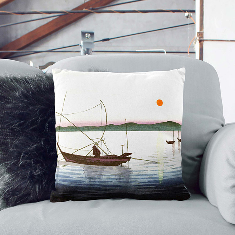 Boats And A Setting Sun Square Throw Cushion, White, 40cm H x 40cm W x 15cm D